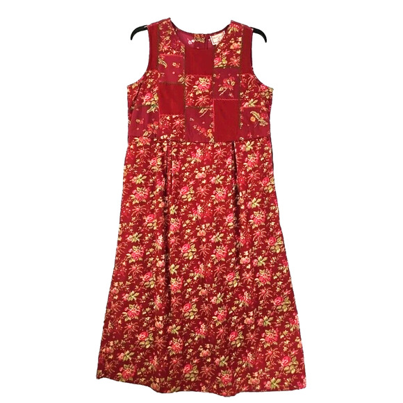 April Cornell Dresses & Skirts - Vintage April Cornell ~Woman Size L~ Red Floral Corduroy Sleeveless Dress Pocket